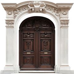 Elegant carved wooden door with intricate architrave and detailed sculptures in classic architectural style
