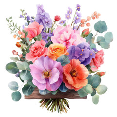 Beautiful watercolor floral arrangement featuring vibrant blooms and lush greenery in a charming bouquet design