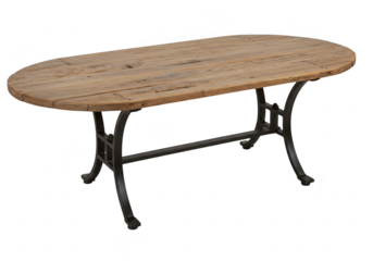 Rustic oval dining table with distressed wood top and black metal industrial base isolated on white isolated on transparent background