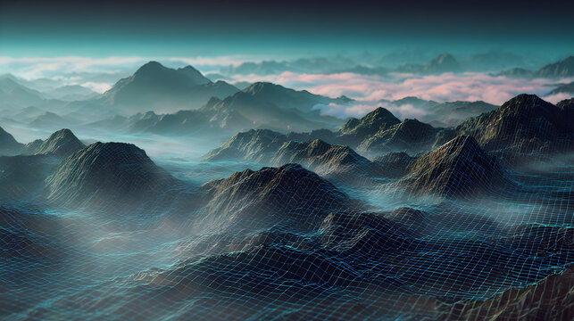 Digital landscape rendering with mountain silhouettes and a wireframe surface in shades of blue and teal for conceptual designs showing technology advancement and futuristic