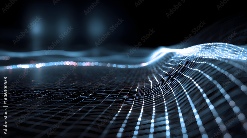 Poster futuristic cybernetic grid landscape evokes technological advancement with flowing network lines and