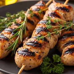 Grilled chicken skewers with herbs.