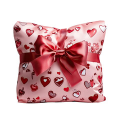 Decorative Pink Pillow with Red Hearts and Satin Bow Perfect for Romantic Occasions and Home Decor