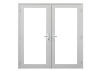 Pair of white double glass doors with silver handles isolated on a clean transparent background