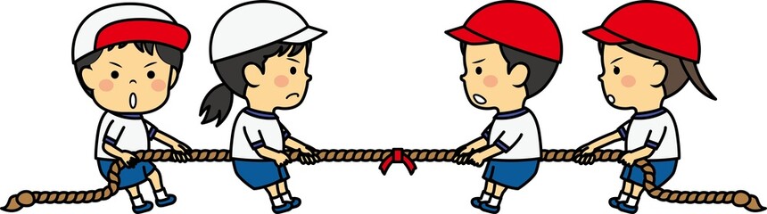 運動会の綱引きをする小学生男女