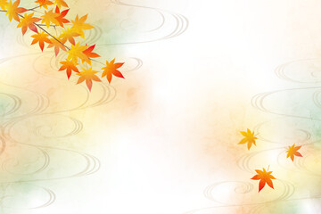 秋の紅葉と波の和風背景イラスト