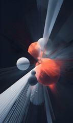 Abstract orange spheres geometric shapes in motion for wallpaper or background digital composition with white lines dynamic effect cosmic energy blast modern art design