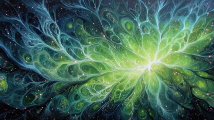 Abstract cosmic illustration featuring vibrant green and blue fractal patterns representing energy and interconnectedness in a celestial theme