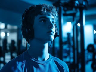 Teenage Boy Wearing Noise-Canceling Headphones in a Blue-Toned Gym