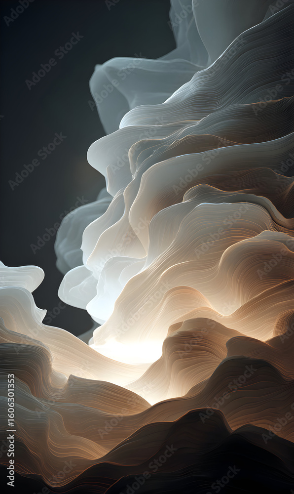 Poster serene abstract formation with soft translucent waves illuminated by ethereal light creating a dream