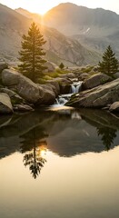 Mountain stream reflecting a tranquil sunrise.