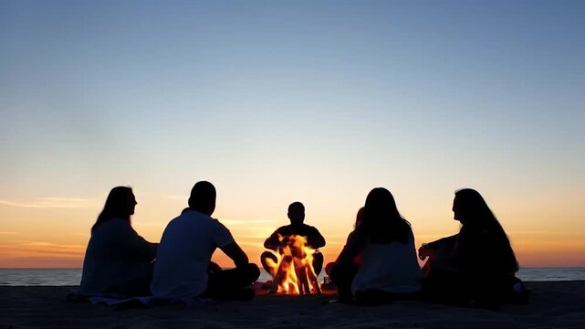 Silhouette of people gathered around a beach campfire at dusk