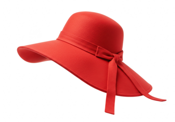A stylish red widebrimmed felt hat adorned with a matching ribbon and bow presented against a transparent background