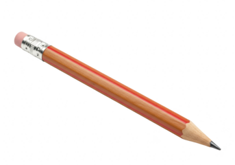 A sharpened wooden pencil with a pink eraser and metal ferrule positioned diagonally on a clean transparent background