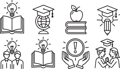 Education icons graduation apple book lightbulb globe pencil hands
