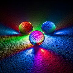 Colorful spheres reflecting light on a textured surface.