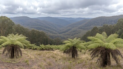 Dramatic mountain range landscape with tree ferns in the foreground on cloudy day