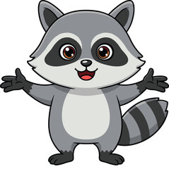 Cute cartoon raccoon character standing with open arms, smiling friendly forest animal illustration for kids, education, books, or mascot design