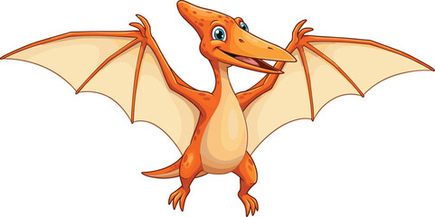 Cute cartoon pterodactyl with wings wide open, happy flying dinosaur illustration, orange prehistoric reptile vector for kids and education