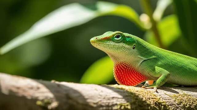 A green anole lizard with a red dewlap perched on a mossy branch