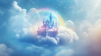 A Fairytale Castle Floating Among Clouds and a Rainbow