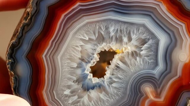 Closeup of a sliced agate geode with colorful concentric bands and crystal formations