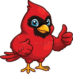 Cute cartoon red cardinal bird giving thumbs up, happy mascot character for kids, vector animal illustration for education and fun