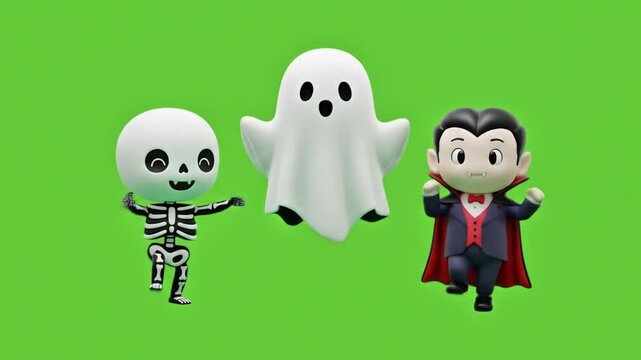 3D minimalist Halloween characters featuring a skeleton, ghost, and vampire isolated on a bright green screen background suitable for chroma key use