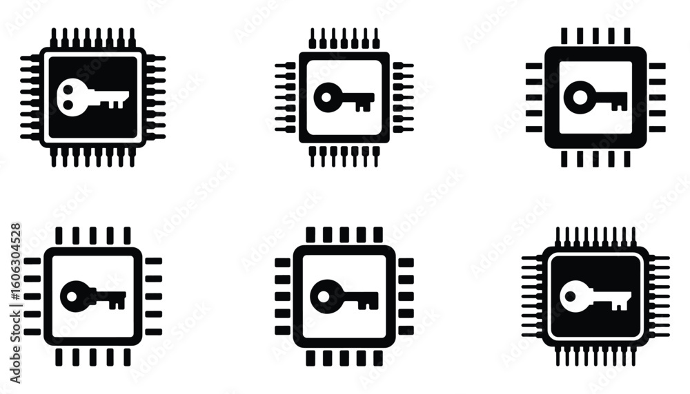 Poster seamless pattern of microchips with key symbol for cybersecurity and data protection