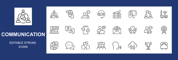Communication icons set. Containing speak, phone, mail, contact, chat, website, satellite, radio, antenna, message and more. Solid icons collection, Editable stroke. Vector illustration