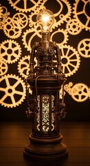 Ornate steampunk lamp with intricate gears and lightbulb head.