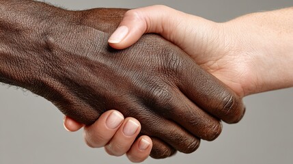 Fototapeta premium Close-up of male and female hands shaking, symbolizing equality and cooperation, neutral background, high-resolution photo-realistic image
