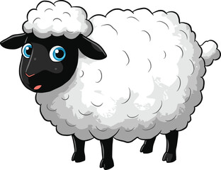 Cute cartoon sheep with black face and fluffy white wool, farm animal illustration perfect for children, kids books and education