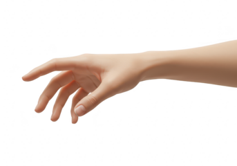Womans left hand reaching forward with fingers slightly curled against a transparent background
