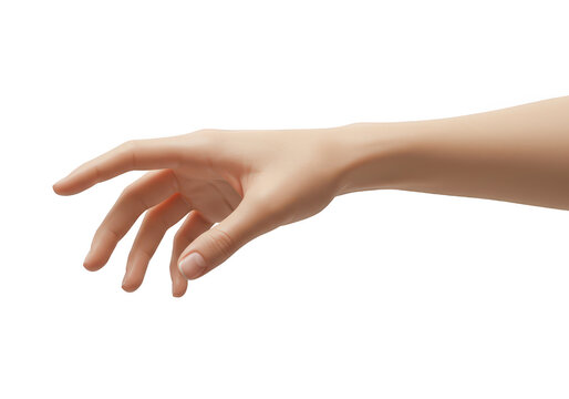Womans left hand reaching forward with fingers slightly curled against a transparent background