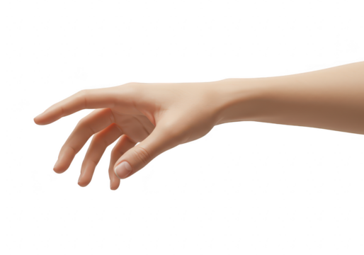Womans left hand reaching forward with fingers slightly curled against a transparent background