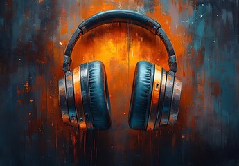 Mockup of Large Headphones on Abstract Orange and Blue Brushstroke Background

