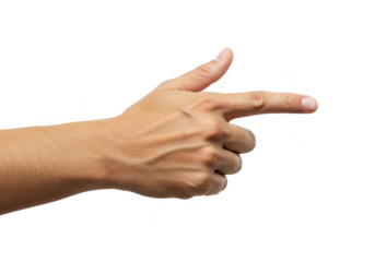Persons arm and hand pointing forward with index finger extended on a transparent background