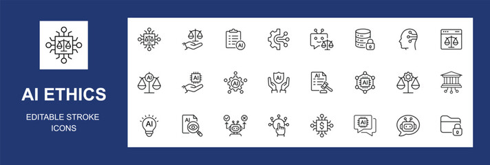 AI ethics icon set. Containing data privacy, guidelines, artificial intelligence, ethical dilemma, bias detection, fairness, explainable AI, transparency and more. Editable stroke. Vector illustration