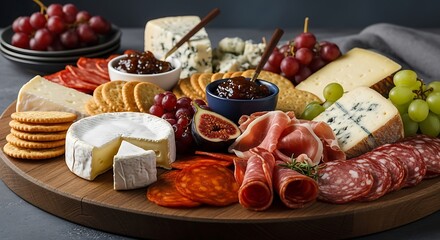 Assorted cheeses, cured meats, crackers, and fruit on a wooden board.
