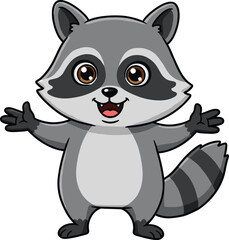 Happy cartoon raccoon with big eyes and open arms, cute forest animal mascot character, perfect for kids, books, animation