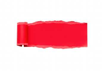 A vibrant red strip of torn paper with a rough edge and a tightly rolled section on the left isolated on a transparent background