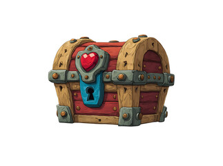 Enchanted wooden chest game asset red heart lock, Isolated On White, Transparent Background, Png