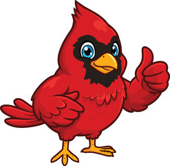 Smiling red cartoon cardinal bird giving thumbs up gesture, vector mascot character design for children, kids education, wildlife and fun