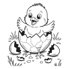 Cartoon chick hatching from egg black and white illustration