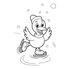 Cartoon duck wearing a hat ice skating line art illustration
