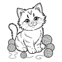Cartoon kitten sitting with balls of yarn coloring page art