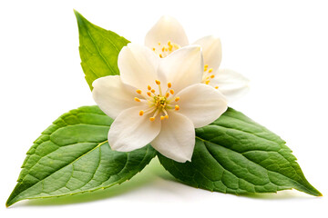 Obraz premium Delicate White Jasmine Flowers on Minimal White Background with Soft Natural Light, Generative AI