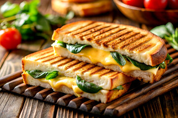Golden Grilled Panini Sandwich with Melted Cheese and Fresh Greens in Rustic Setting, Created with AI Generative