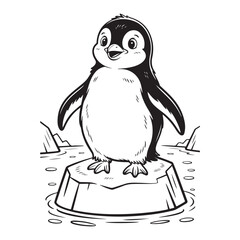 Cartoon penguin standing on ice floe in black and white art